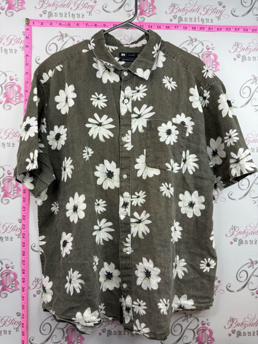 Le 31 par Simon’s shirt Casual Olive Green Floral Short-Sleeve Button-Up Shirt